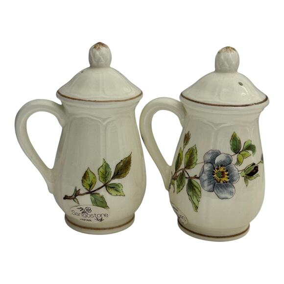 Vintage Apple Blossom Floral Sangostone Salt and Pepper Shaker Set Ceramic  MIB - Picture 3 of 10